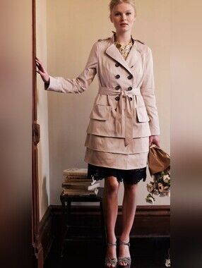 Anthropologie Idra Beige Belted Tiered Trench Coat Classic Chic Luxury Jacket